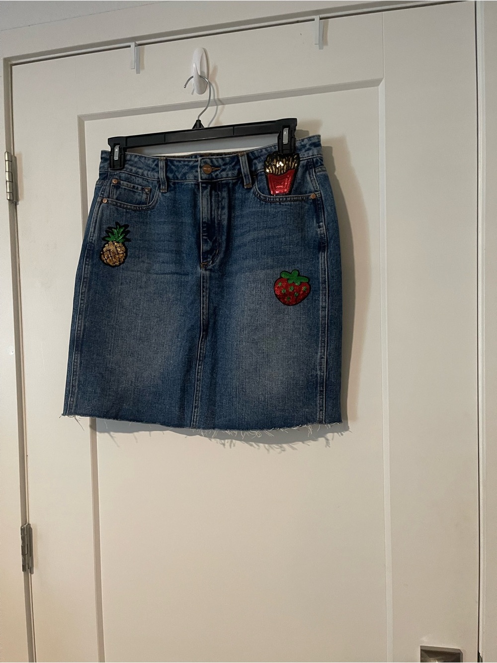 Buffalo David Bitton Blue Denim Mini Skirt with Fruit Patch Accents